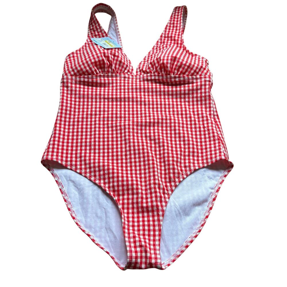 Shade & Shore Medium Red White Gingham One Piece Swimsuit Padded Cups Crinkle